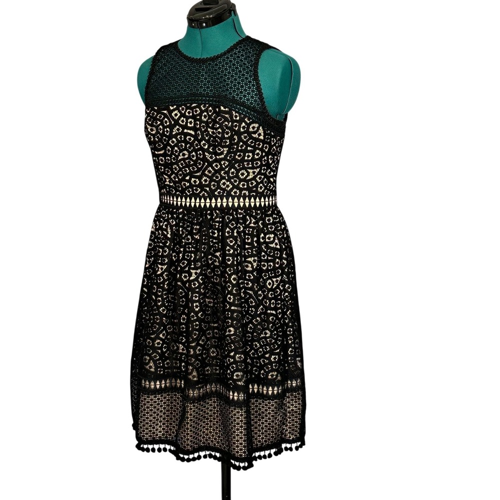 Eliza J Fit and Flare Lace Dress 6 Black Pom Pom Trim Geometric Crochet EJ7M7295
